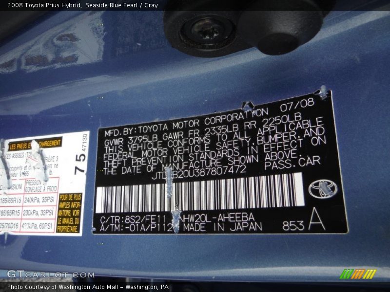 Seaside Blue Pearl / Gray 2008 Toyota Prius Hybrid