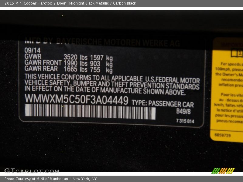 Midnight Black Metallic / Carbon Black 2015 Mini Cooper Hardtop 2 Door