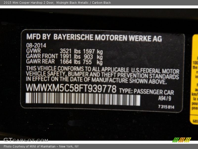 Midnight Black Metallic / Carbon Black 2015 Mini Cooper Hardtop 2 Door