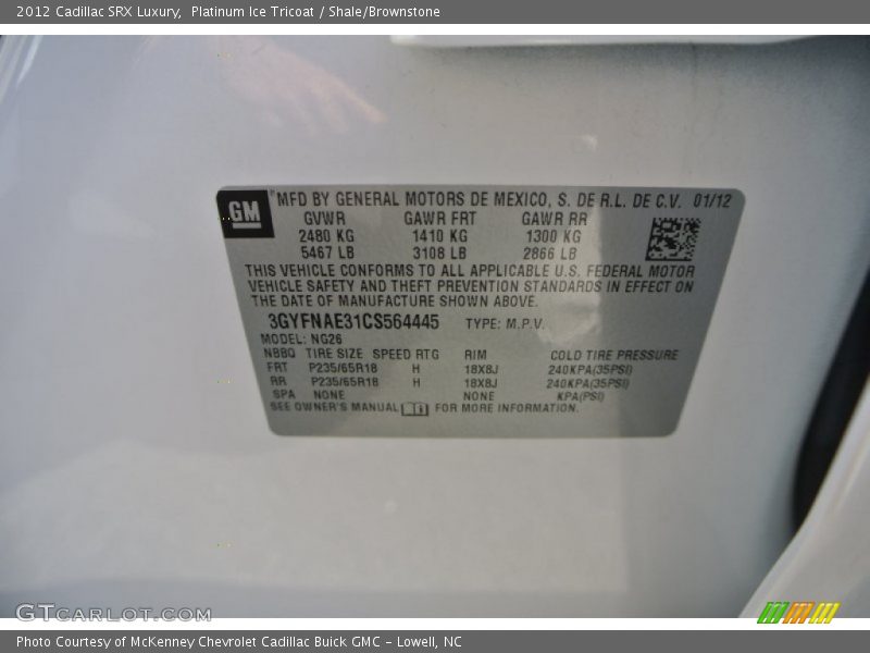 Platinum Ice Tricoat / Shale/Brownstone 2012 Cadillac SRX Luxury