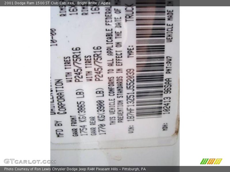 Bright White / Agate 2001 Dodge Ram 1500 ST Club Cab 4x4