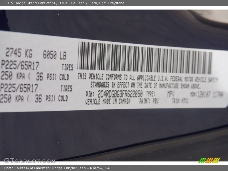 True Blue Pearl / Black/Light Graystone 2015 Dodge Grand Caravan SE