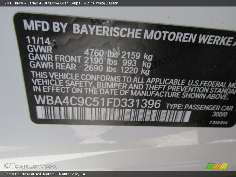 2015 4 Series 428i xDrive Gran Coupe Alpine White Color Code 300