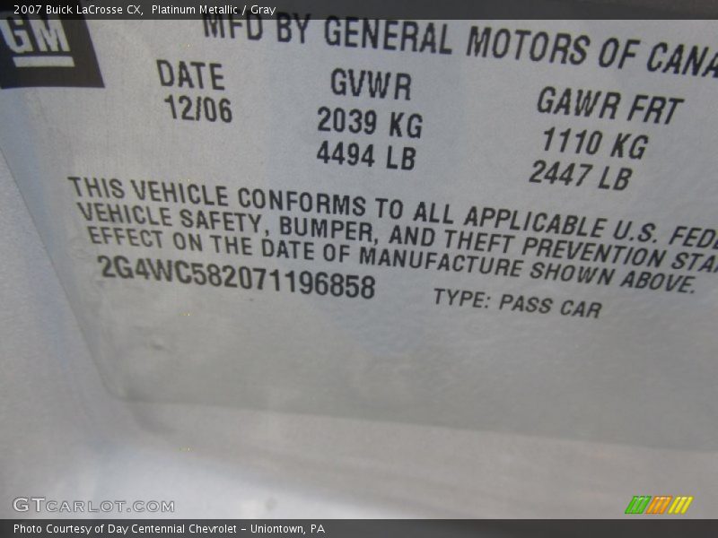 Platinum Metallic / Gray 2007 Buick LaCrosse CX