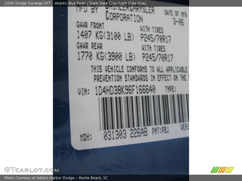 Atlantic Blue Pearl / Dark Slate Gray/Light Slate Gray 2006 Dodge Durango SXT