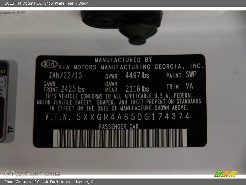 Snow White Pearl / Black 2013 Kia Optima SX