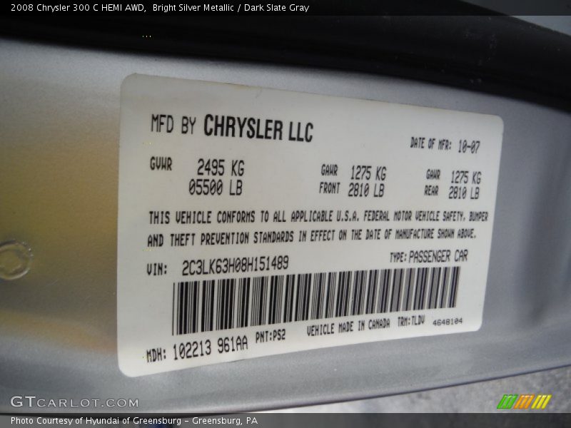 Bright Silver Metallic / Dark Slate Gray 2008 Chrysler 300 C HEMI AWD