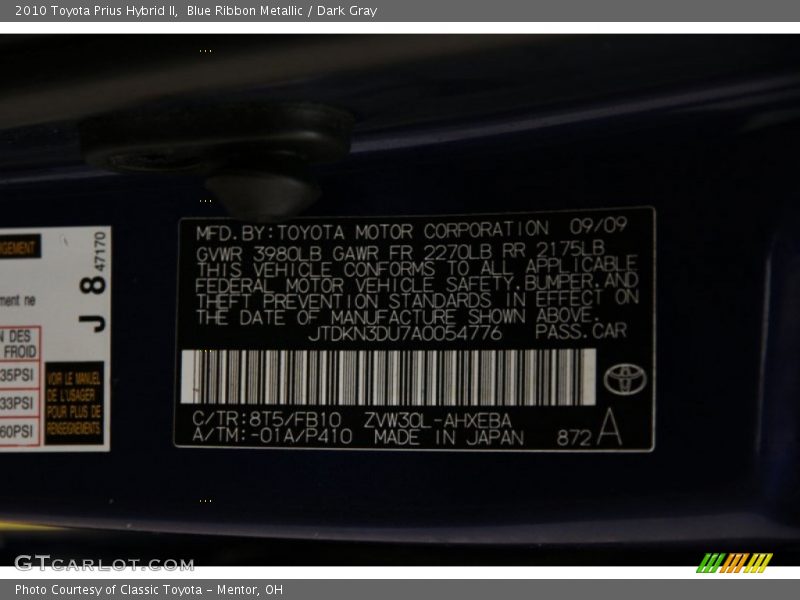 Blue Ribbon Metallic / Dark Gray 2010 Toyota Prius Hybrid II