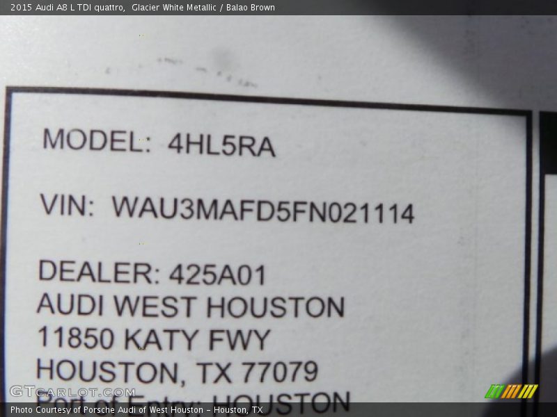 Glacier White Metallic / Balao Brown 2015 Audi A8 L TDI quattro