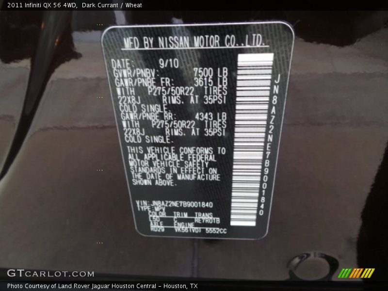 Dark Currant / Wheat 2011 Infiniti QX 56 4WD