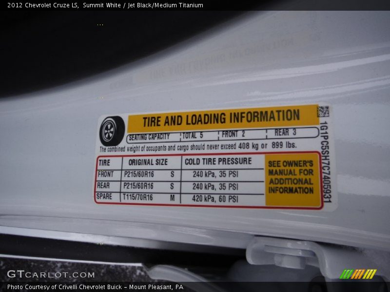 Info Tag of 2012 Cruze LS