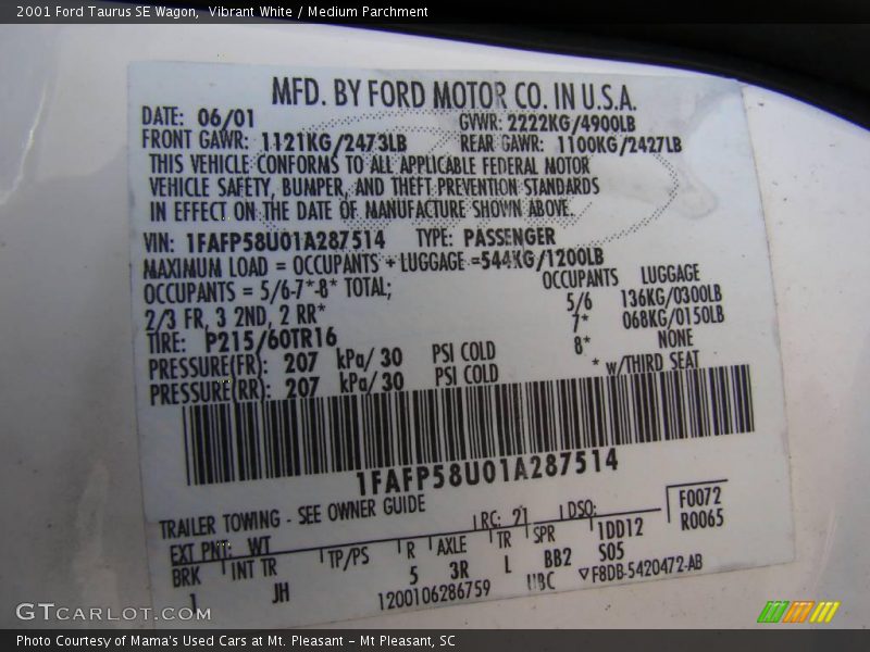 Vibrant White / Medium Parchment 2001 Ford Taurus SE Wagon