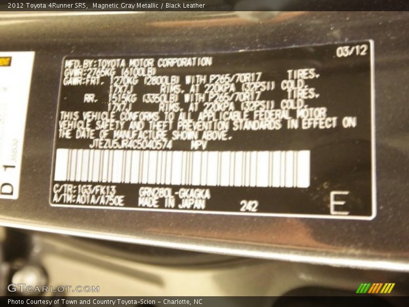 Magnetic Gray Metallic / Black Leather 2012 Toyota 4Runner SR5