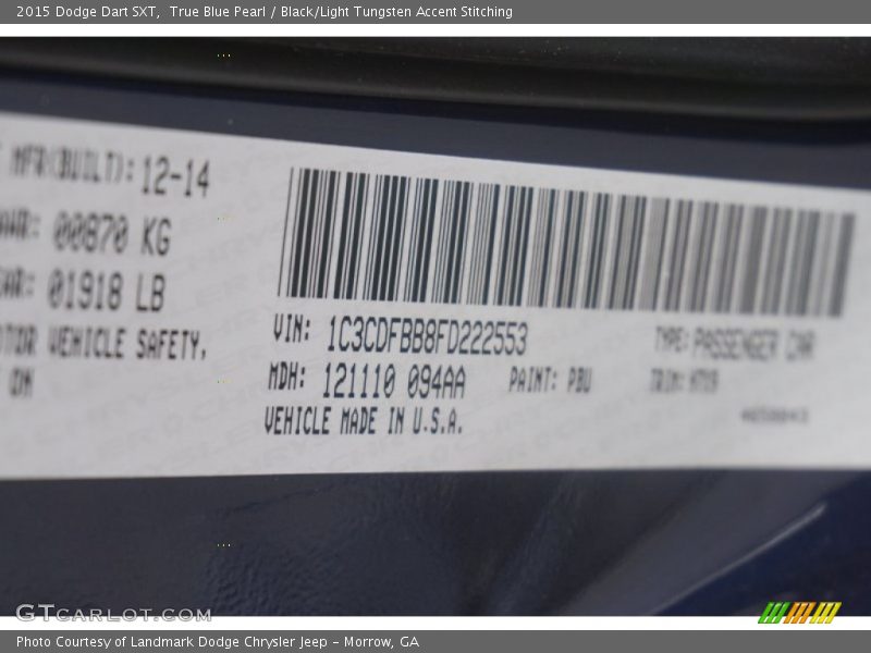 True Blue Pearl / Black/Light Tungsten Accent Stitching 2015 Dodge Dart SXT