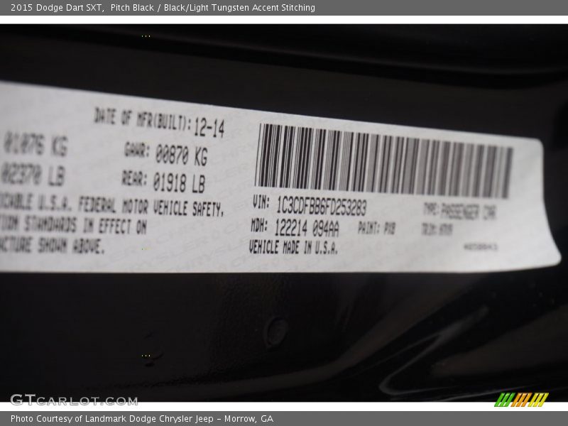 Pitch Black / Black/Light Tungsten Accent Stitching 2015 Dodge Dart SXT
