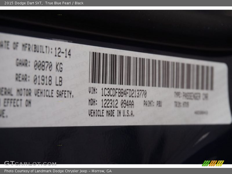 2015 Dart SXT True Blue Pearl Color Code PBU