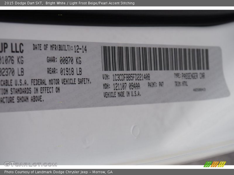 Bright White / Light Frost Beige/Pearl Accent Stitching 2015 Dodge Dart SXT