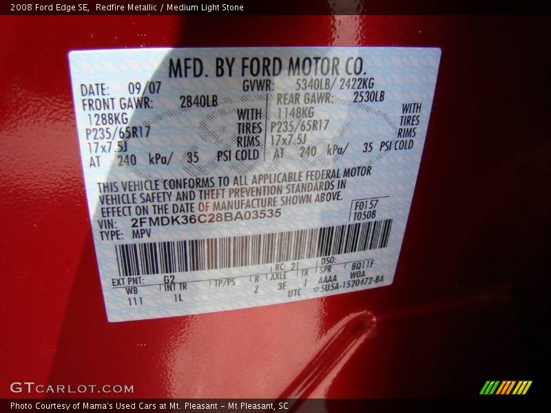 Redfire Metallic / Medium Light Stone 2008 Ford Edge SE