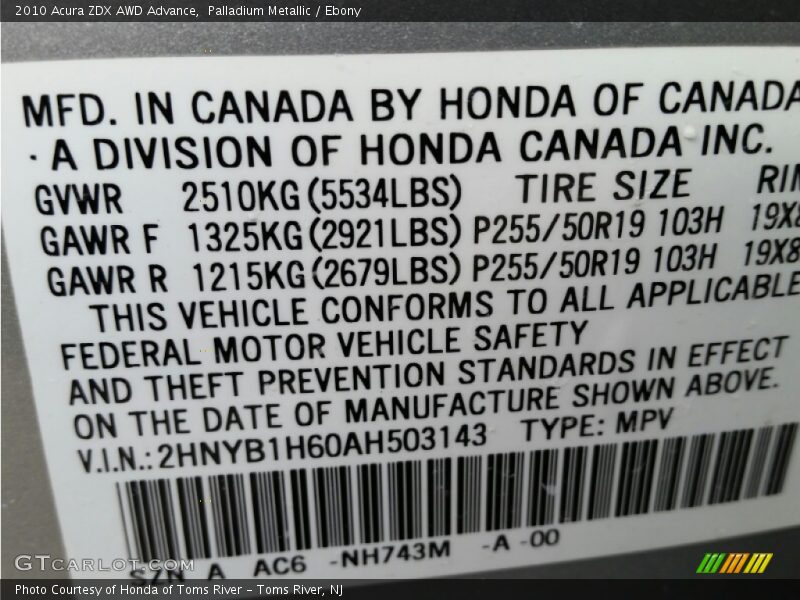 Palladium Metallic / Ebony 2010 Acura ZDX AWD Advance