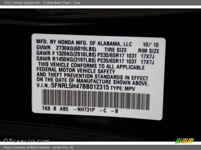 Crystal Black Pearl / Gray 2011 Honda Odyssey EX