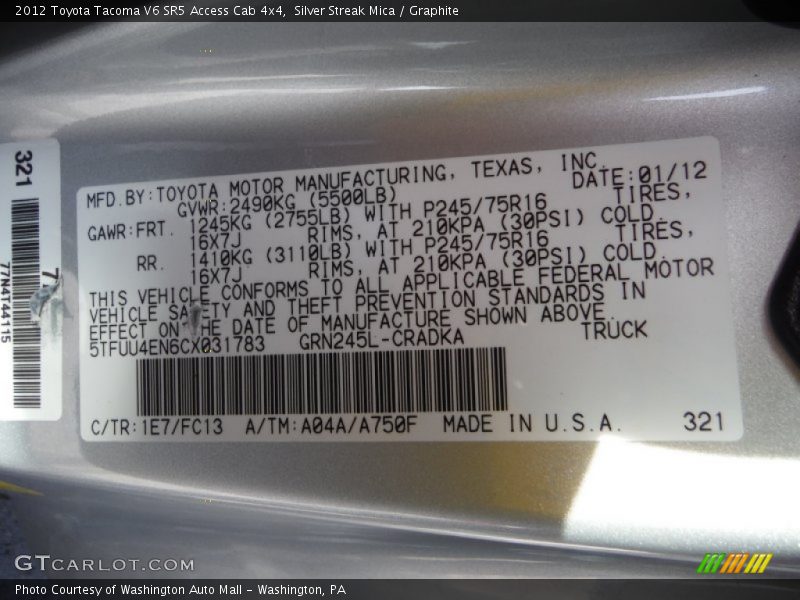 Silver Streak Mica / Graphite 2012 Toyota Tacoma V6 SR5 Access Cab 4x4