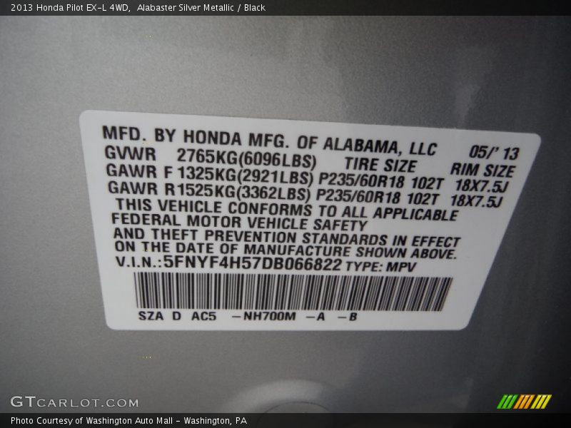 Alabaster Silver Metallic / Black 2013 Honda Pilot EX-L 4WD