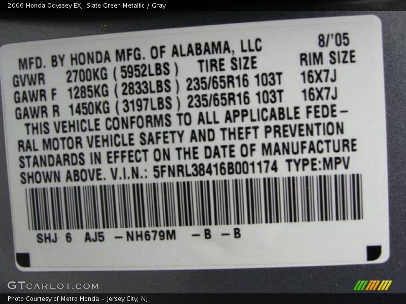 Slate Green Metallic / Gray 2006 Honda Odyssey EX