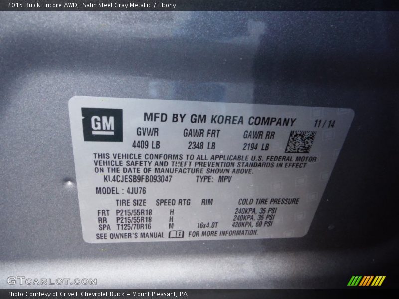 Satin Steel Gray Metallic / Ebony 2015 Buick Encore AWD