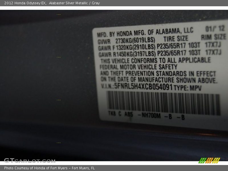 Alabaster Silver Metallic / Gray 2012 Honda Odyssey EX