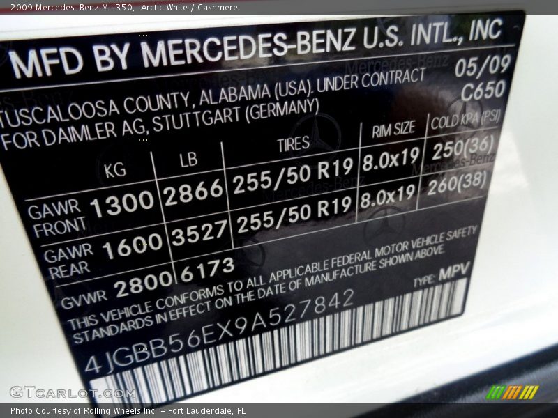2009 ML 350 Arctic White Color Code 650