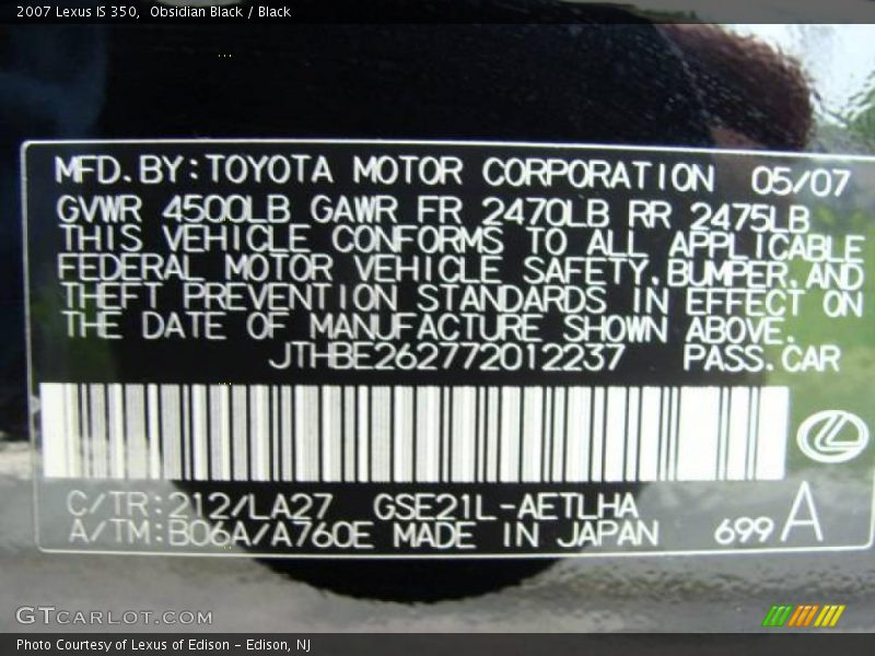 Obsidian Black / Black 2007 Lexus IS 350