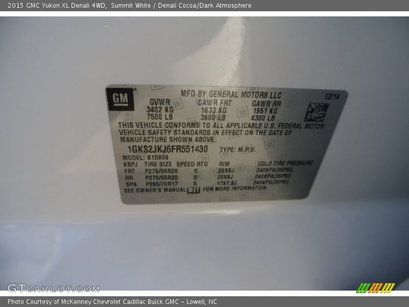 Summit White / Denali Cocoa/Dark Atmosphere 2015 GMC Yukon XL Denali 4WD