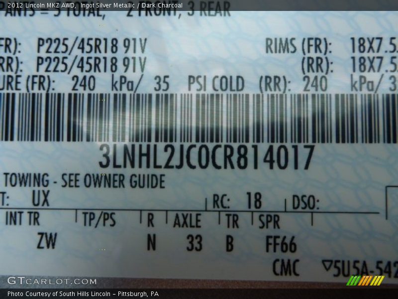 Ingot Silver Metallic / Dark Charcoal 2012 Lincoln MKZ AWD