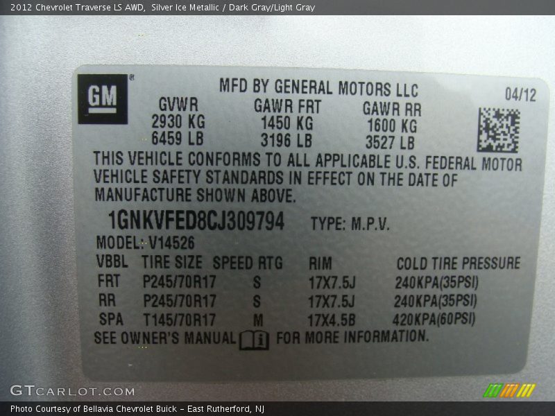 Silver Ice Metallic / Dark Gray/Light Gray 2012 Chevrolet Traverse LS AWD