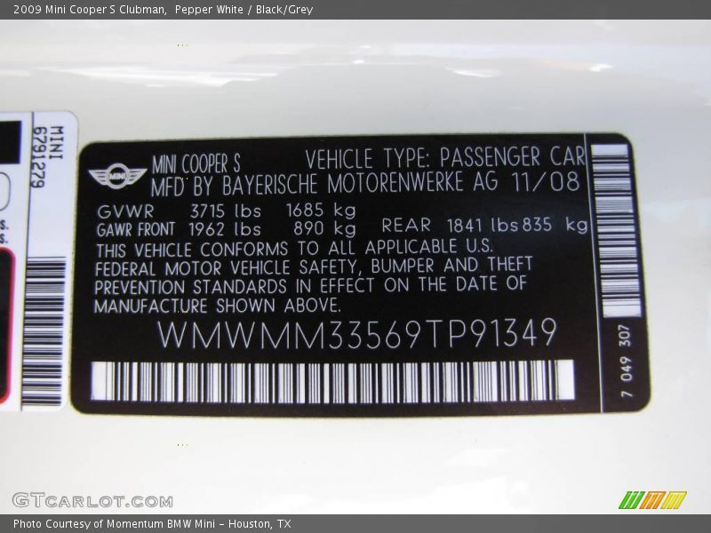 Pepper White / Black/Grey 2009 Mini Cooper S Clubman