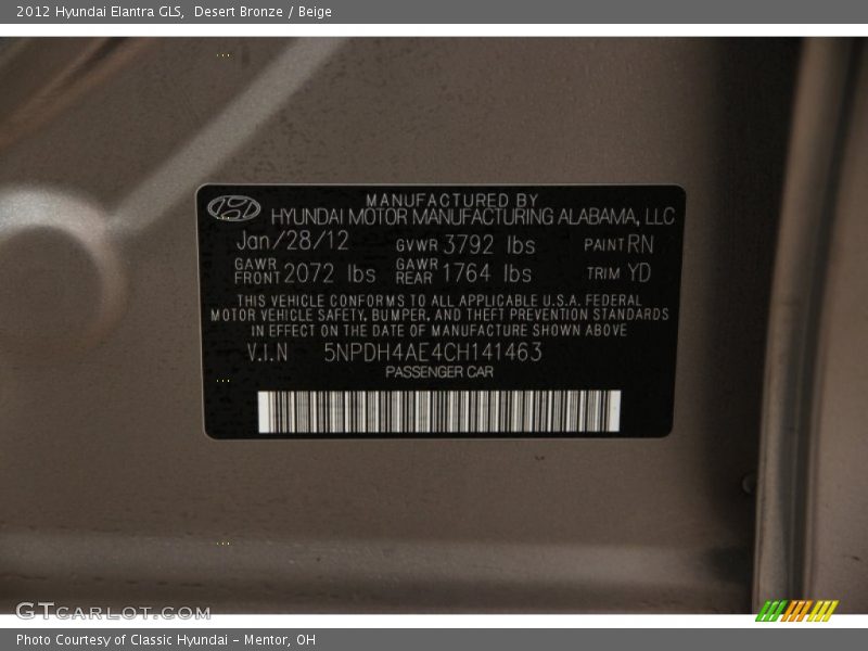Desert Bronze / Beige 2012 Hyundai Elantra GLS
