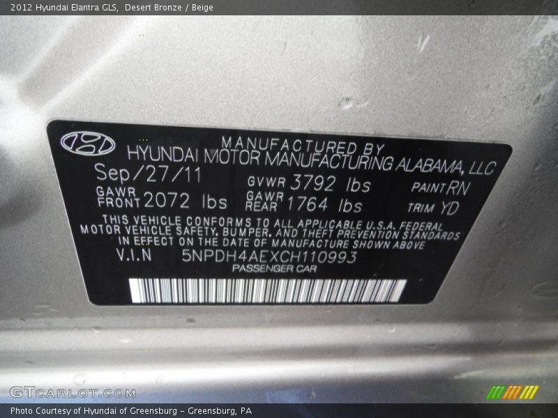 Desert Bronze / Beige 2012 Hyundai Elantra GLS