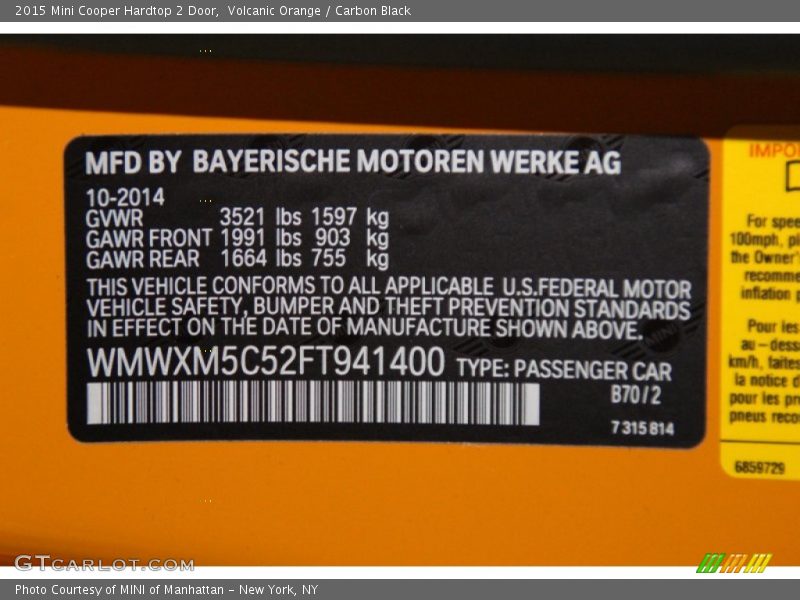 Volcanic Orange / Carbon Black 2015 Mini Cooper Hardtop 2 Door