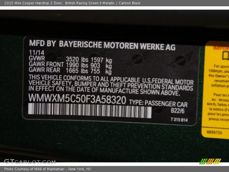 British Racing Green II Metallic / Carbon Black 2015 Mini Cooper Hardtop 2 Door