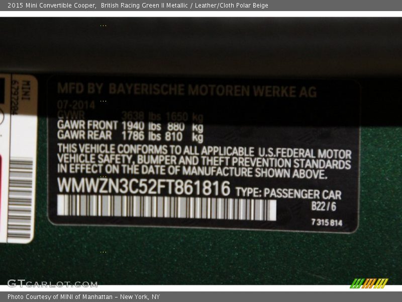 2015 Convertible Cooper British Racing Green II Metallic Color Code B22