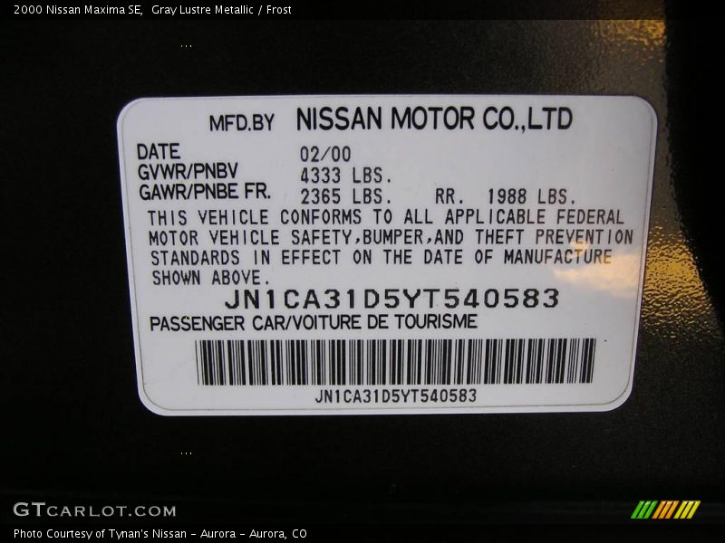 Gray Lustre Metallic / Frost 2000 Nissan Maxima SE
