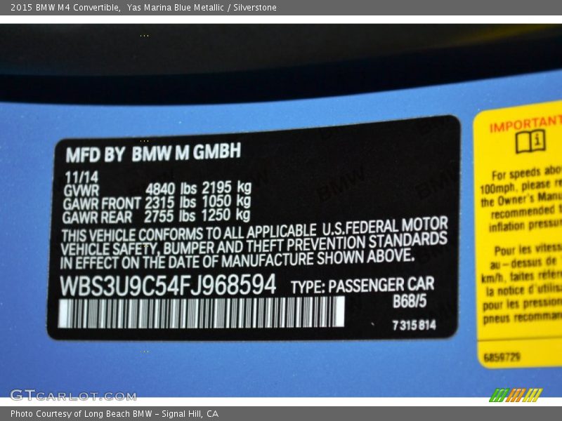 2015 M4 Convertible Yas Marina Blue Metallic Color Code B68