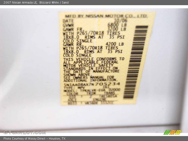 Blizzard White / Sand 2007 Nissan Armada LE