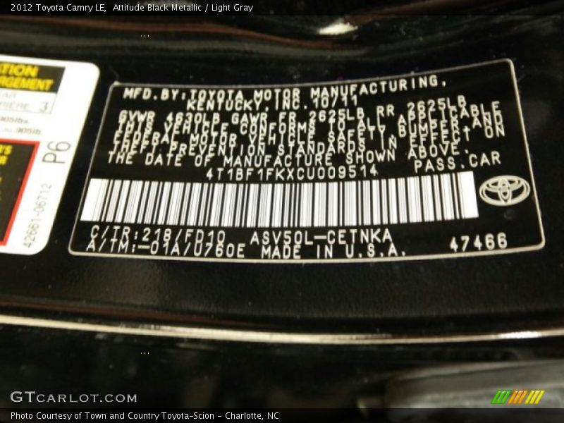 Attitude Black Metallic / Light Gray 2012 Toyota Camry LE