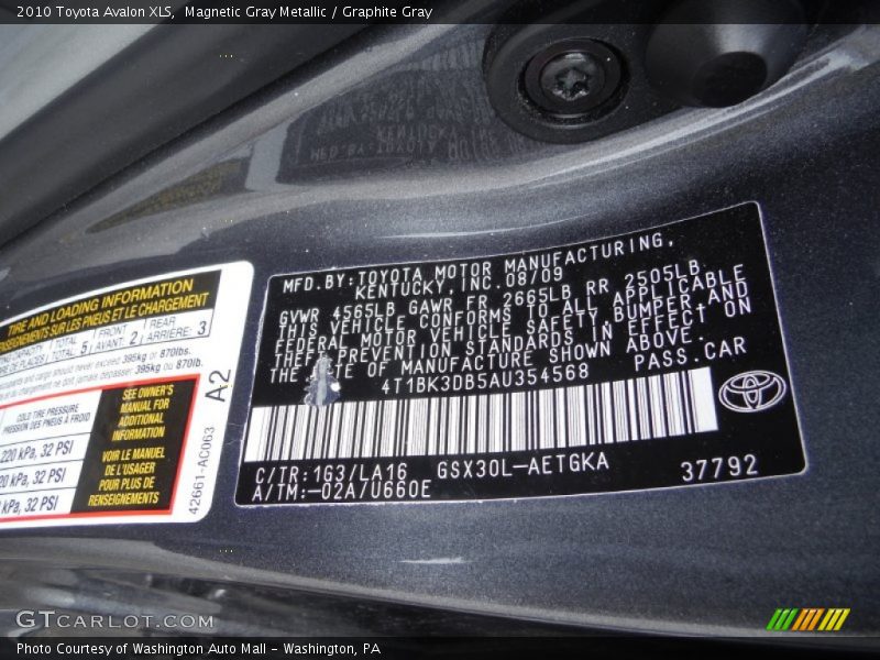 2010 Avalon XLS Magnetic Gray Metallic Color Code 1G3