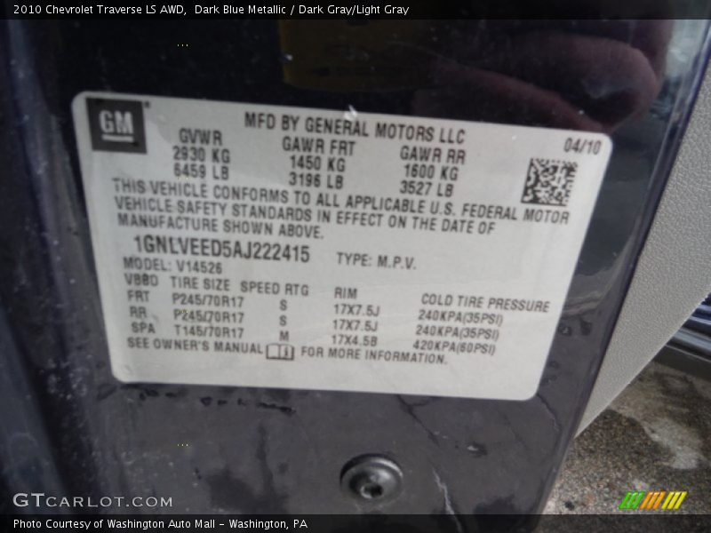 Dark Blue Metallic / Dark Gray/Light Gray 2010 Chevrolet Traverse LS AWD