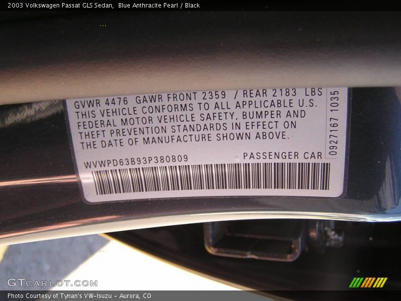 Blue Anthracite Pearl / Black 2003 Volkswagen Passat GLS Sedan