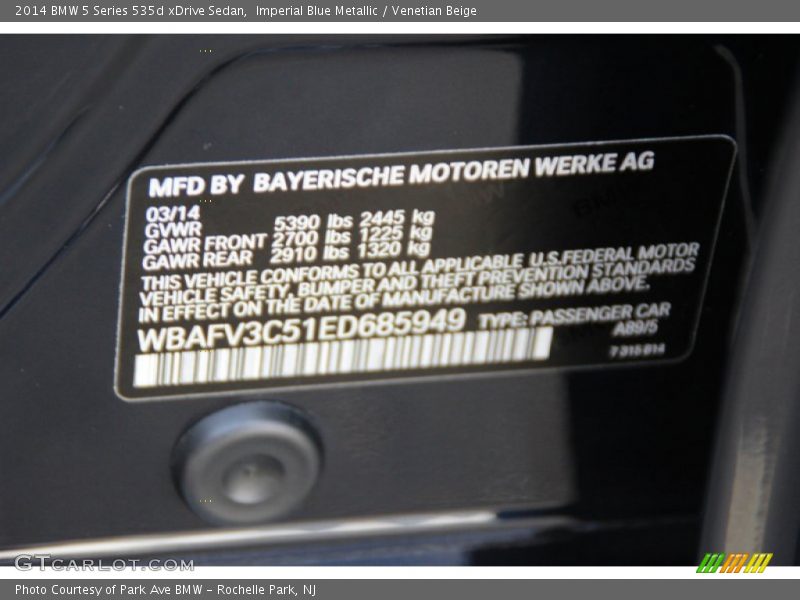 2014 5 Series 535d xDrive Sedan Imperial Blue Metallic Color Code A89