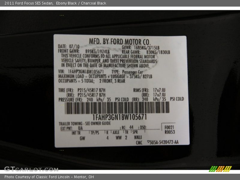 Ebony Black / Charcoal Black 2011 Ford Focus SES Sedan