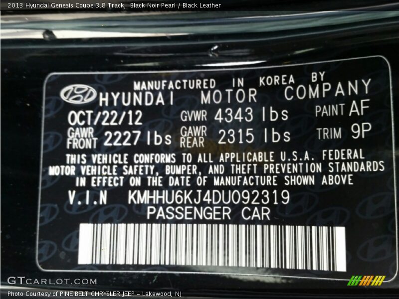 Black Noir Pearl / Black Leather 2013 Hyundai Genesis Coupe 3.8 Track
